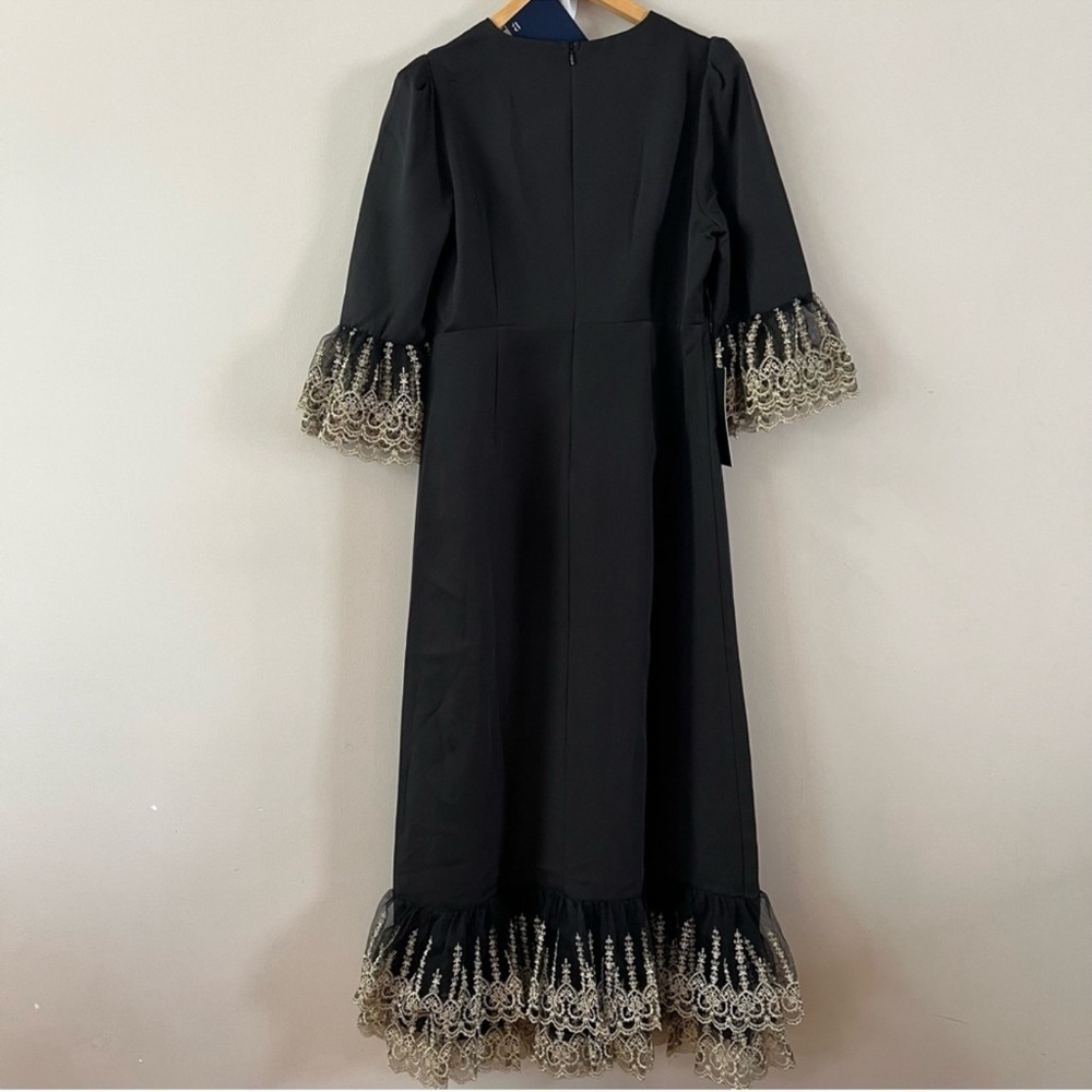 Pomander Place Lillith Black Maxi Dress Small NWT Gold Lace Formal Gala - Picture 5 of 11